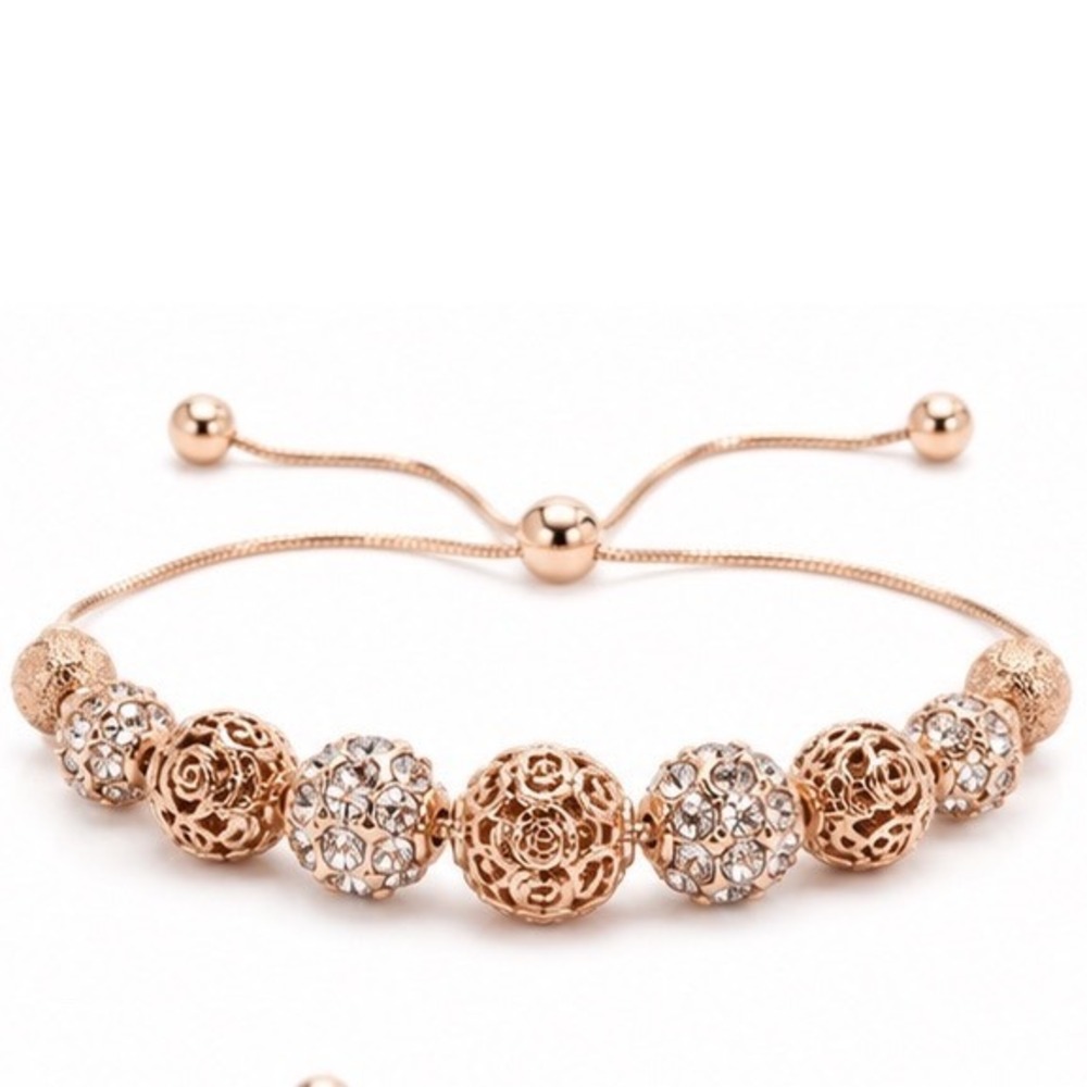 Rose Gold Tone Filigree Rose Crystal Pave Adjustable Slider Bolo Bracelet Women